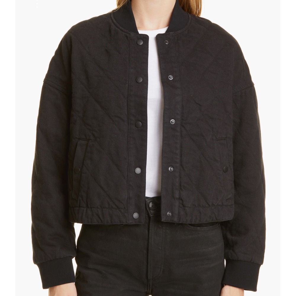 Rag & Bone Val Quilted Cropped Denim Jacket Black Bomber Snap Front Size M